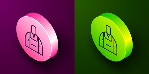 Isometric line Barista icon isolated on purple and green background. Circle button. Vector Illustration.