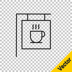 Black line Street signboard coffee icon isolated on transparent background. Vector Illustration.