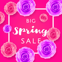 Big Spring Sale with colorful roses and black frame on pink background. Special offer. Web banner or poster for e-commerce, on-line cosmetics shop, fashion beauty shop, store. Vector illustration.
