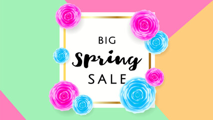 Big Spring Sale Banner with colorful roses flower and frame on triangle background. Special offer. Web banner or poster for e-commerce, on-line cosmetics shop, fashion beauty shop, store. Vector.