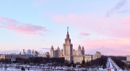 Dramatic sky over main building of famous Russian university in Moscow