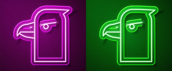 Glowing neon line Eagle head icon isolated on purple and green background. Vector Illustration.