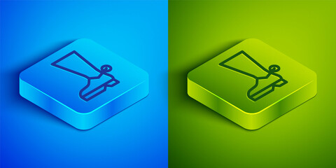 Isometric line Cowboy boot icon isolated on blue and green background. Square button. Vector Illustration.