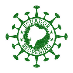 Ecuador Reopening Stamp. Green round badge of country with map of Ecuador. Country opening after lockdown. Vector illustration.