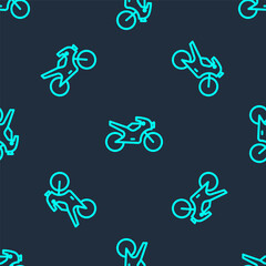 Green line Motorcycle icon isolated seamless pattern on blue background. Vector Illustration.