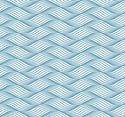 Geometric simple pattern with abstract waves, lines, stripes. A seamless vector background. Blue ocean or sea ornament. Vector illustration.