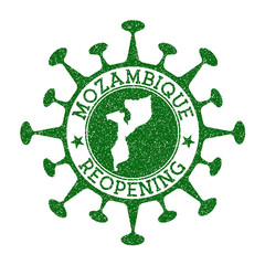 Mozambique Reopening Stamp. Green round badge of country with map of Mozambique. Country opening after lockdown. Vector illustration.