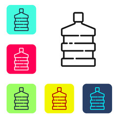 Obraz premium Black line Big bottle with clean water icon isolated on white background. Plastic container for the cooler. Set icons in color square buttons. Vector Illustration.