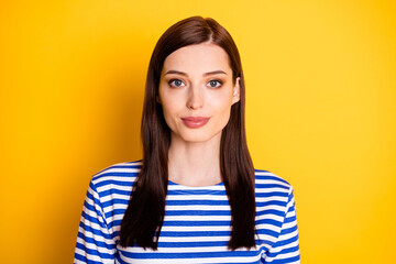 Portrait of charming girlish lady look in camera wear striped outfit isolated over vivid color background