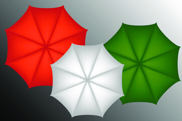 Illustration of white, orange and green umbrellas.