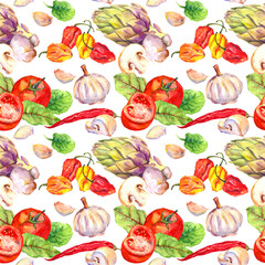 Kitchen pattern with vegetables - tomatoes, peppers, chilly, garlic. Seamless cooking background. Watercolor