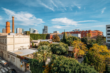 A view of area of Poblenou, old industrial district converted into new modern neighbourhood with...