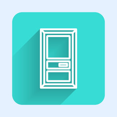 White line Closed door icon isolated with long shadow. Green square button. Vector Illustration.