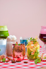 Unique and stylish cups of coffee and tea. Mix cocktails. Butterfly pea blue tea, mulled wine, fruit tea, latte coffee.