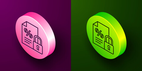 Isometric line Finance document and lock icon isolated on purple and green background. Paper bank document for invoice or bill concept. Circle button. Vector Illustration.