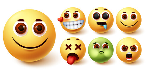 Smileys emoji vector set. Smiley emojis cute yellow face in happy, in love, hungry, tired, angry and vomit mood and feelings for character emoticon elements design. Vector illustration  