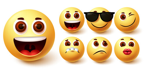 Emojis smiley vector set. Emoji smileys cute yellow face in different facial expressions like happy, kiss, sad, naughty and weird  for avatar social media collection design. Vector illustration  