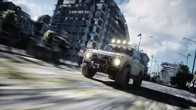 the car goes away from the chase crowd zombies. Destroyed city. Fast driving. Zombie apocalypse concept. Realistic 4K animation.