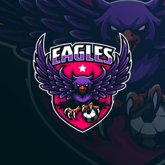 eagle mascot logo design vector with modern illustration concept style for badge, emblem and tshirt printing. angry eagle illustration with ball in hand.