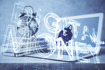 Double exposure of blockchain and crypto economy theme hologram and table with computer background. Concept of bitcoin cryptocurrency.