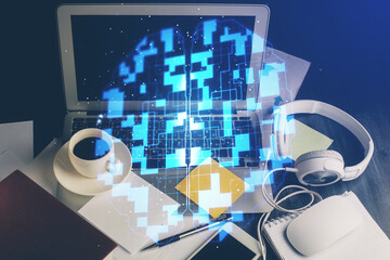 Double exposure of desktop with computer on background and tech theme drawing. Concept of big data.