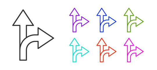 Black line Road traffic sign. Signpost icon isolated on white background. Pointer symbol. Isolated street information sign. Direction sign. Set icons colorful. Vector Illustration.