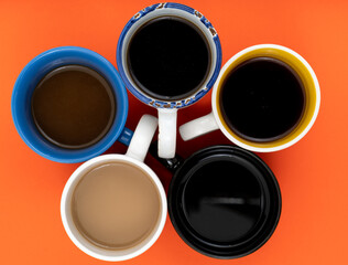 Many cups of coffee on table flat lay copy space.