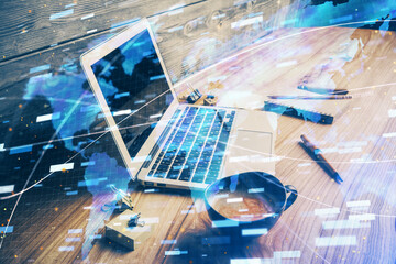 Double exposure of desktop with personal computer on background and tech theme drawing. Concept of data analysis.