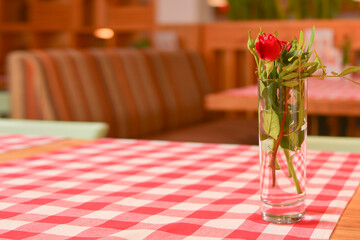 Rose placed in a glass on the desk with red plaid tablecloth. Blurred background.