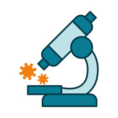 microscope with virus icon, line and fill style