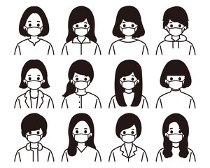 マスクのアイコンセット 女性 モノクロ