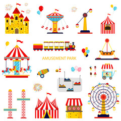 Amusement park. Carnival circus icons with tent, carousels, flags isolated on white background. Architecture entertainment elements for family rest in the park