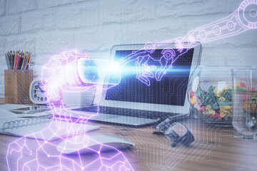 Computer on desktop with AR theme icon. Multi exposure. Concept of augmented reality.