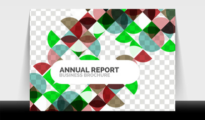 Horizontal A4 business flyer annual report template, circles and triangle style shapes modern geometric design for brochure layout, magazine or booklet