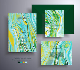 Collection of acrylic wedding invitations with stone texture. Mineral vector covers with marble effect and place for text, green, blue and yellow colors. Designed for posters, packaging and etc