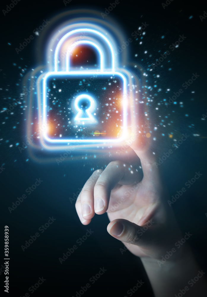 Leinwandbilder man hand using digital web protection blue holographic interface 3d rendering