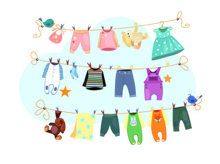 Baby clothes set. Drying clothes collection. Can be used for topics like laundry, housework, infant clothing