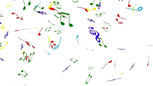 Rain of multicolored music notes falling down on the white background