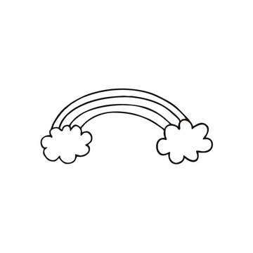 A rainbow and two clouds on a white background. Children's simple drawing of the Doodle sky. Vector illustration for children. Black-and-white outline image.  