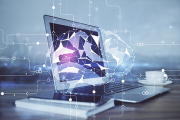 Multi exposure of work table with computer and brain hologram. Brainstorm concept.