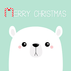 Merry Christmas. Candycane. Polar white bear cub sad face. Happy New Year. Cute cartoon baby character. Arctic animal. Hello winter. Flat design. Blue background. Greeting card print.