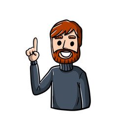 Man points up. Finger and hand gesture. Young smiling guy. Hand-drawn illustration. Happy emotion.