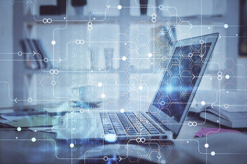 Double exposure of computer and technology theme drawing. Concept of innovation.