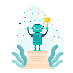 Robot winning golden cup. Award, celebration, cyborg flat vector illustration. Technology and contest concept for banner, website design or landing web page