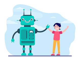 Happy boy rising hands with robot. Engineering, future, knowledge flat vector illustration. Technology and robotic industry concept for banner, website design or landing web page