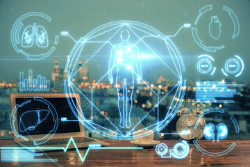 Desktop computer background and education theme drawing. Double exposure. Study concept.