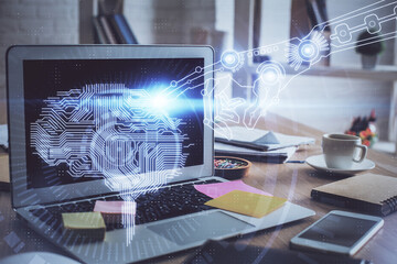 Double exposure of work table with computer and brain sketch hologram. Brainstorming concept.