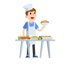 Flat Man cook holding plate of food. Table with delicious meal and dishes. Element of kitchen. Cartoon illustration. Guy in white apron. Chef and waiter at work in restaurant and cafe