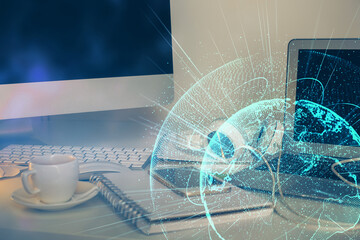 Computer on desktop with social network theme icon. Multi exposure. Concept of international connections.