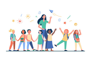 Young teacher with joyful kids isolated flat vector illustration. Cartoon happy children in kindergarten or school. Pedagogy and education concept